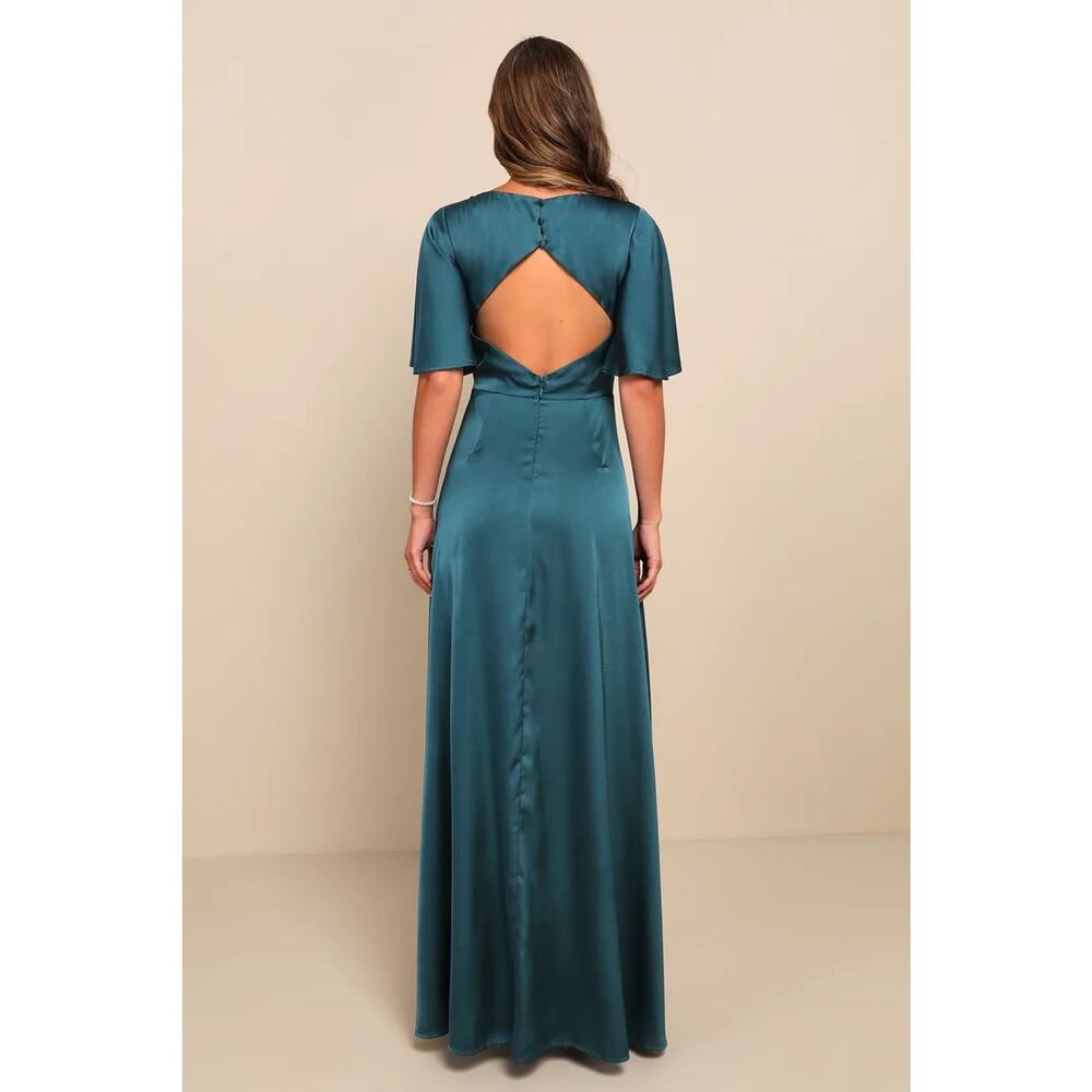 NWT Lulus Elegant Confidence Teal Satin Flutter Sleeve Cutout Maxi Dress Size XL - Picture 2 of 6